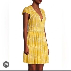 Lemlem Yellow and White‎ Geometric V- Neck Mini Dress-XS